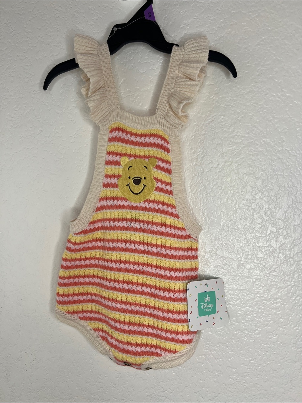 New Disney Striped Knit Winnie the Pooh Romper - Cream, Yellow & Pink 12m